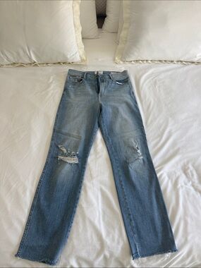 Frame Denim Light Blue Straight Leg Jeans with Knee Distressing